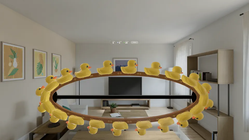 Yellow rubber ducks circling on a mixed-reality track in FingerGuns