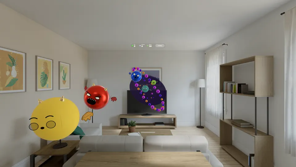 Cute goblin characters and a portal in the FingerGuns mixed-reality game