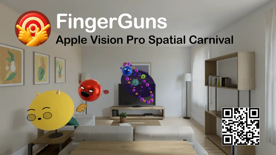 FingerGuns gameplay in a living room on Apple Vision Pro
